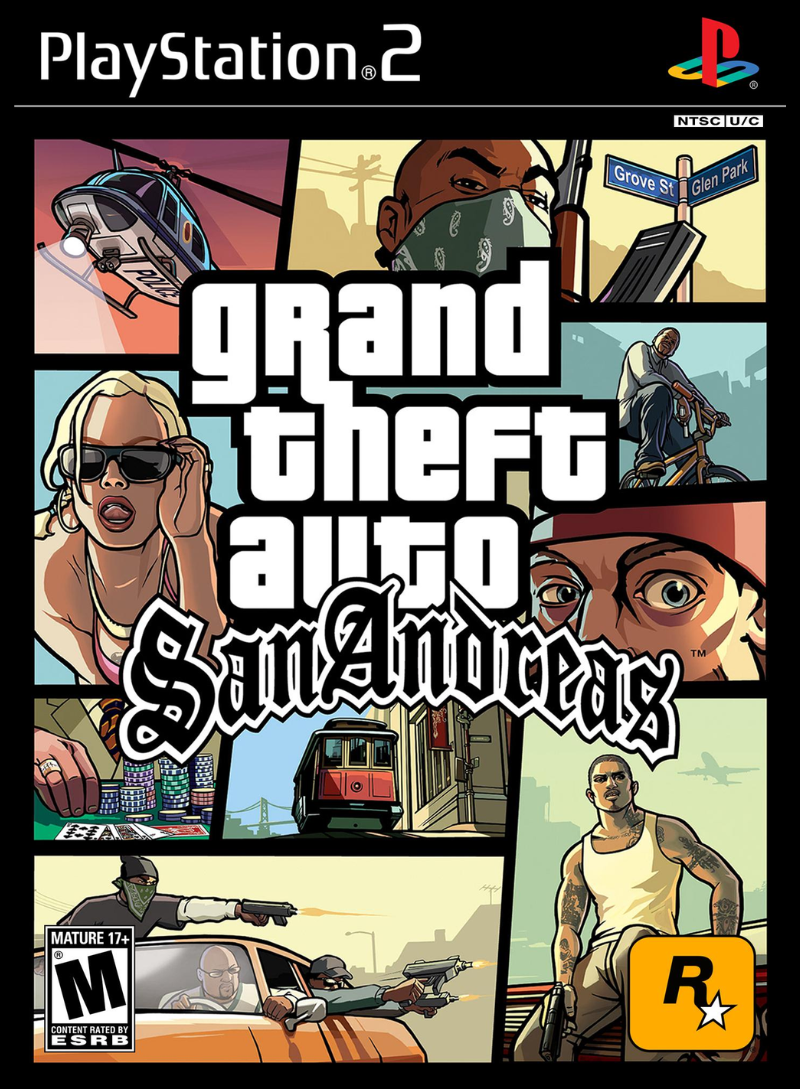 PlayStation 2 cover art for Grand Theft Auto San Andreas featuring a collage of illustrated scenes including characters, a helicopter, a biker, a car chase, and city environments with the title prominently centered.
